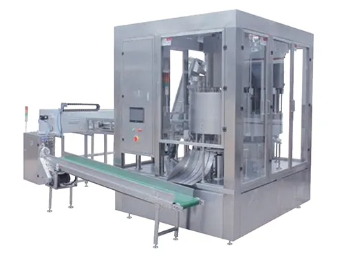 Máquina rotativa continua de llenado y tapado de bolsas con boquilla